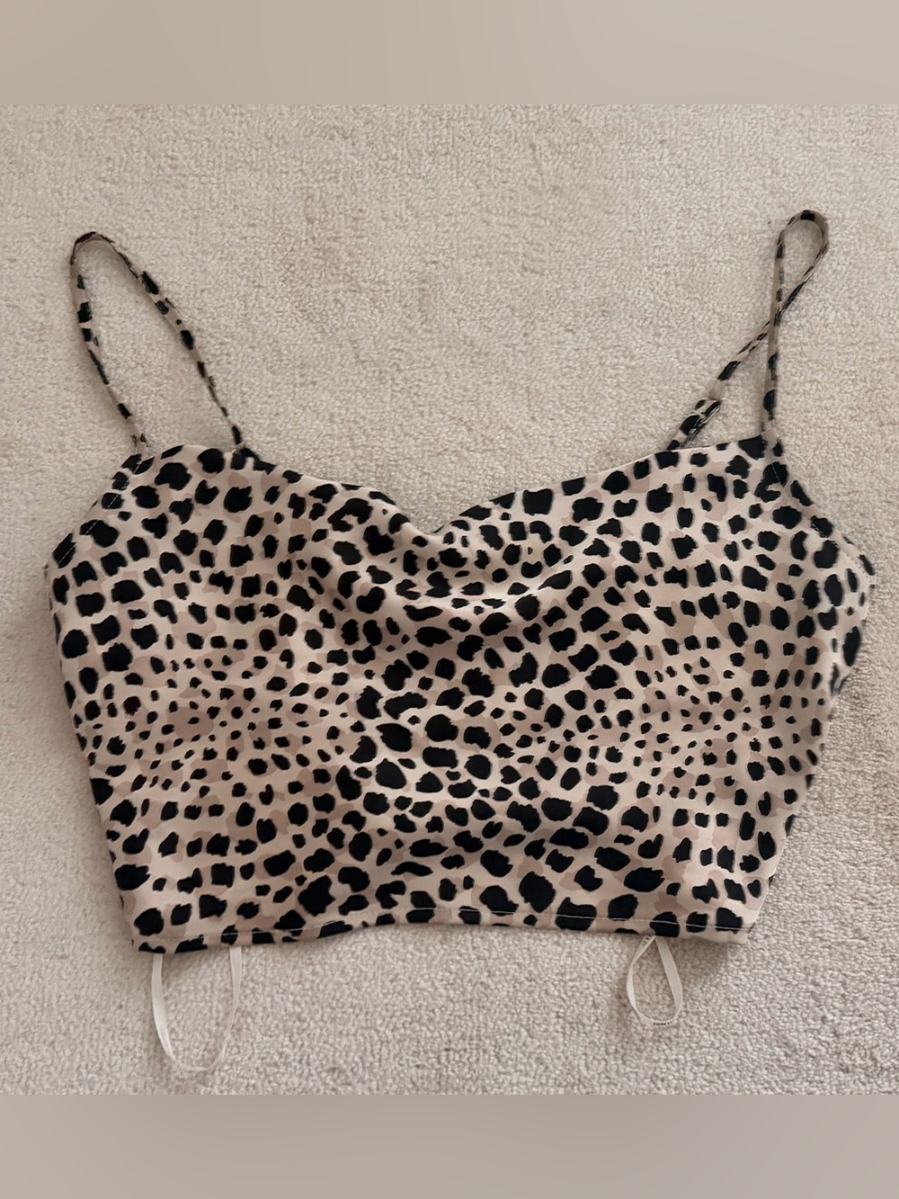Forever 21 Beige & Black Cheetah Print Satin Cropped Cami with Zipper Closure S